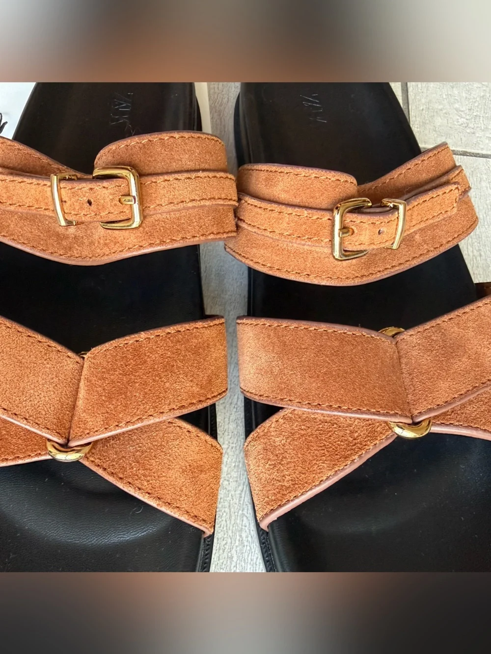 Zara Sandals Women US 7.5 Brown Leather Buckle Slide Flat Minimalist Strappy NWT - Picture 9 of 11